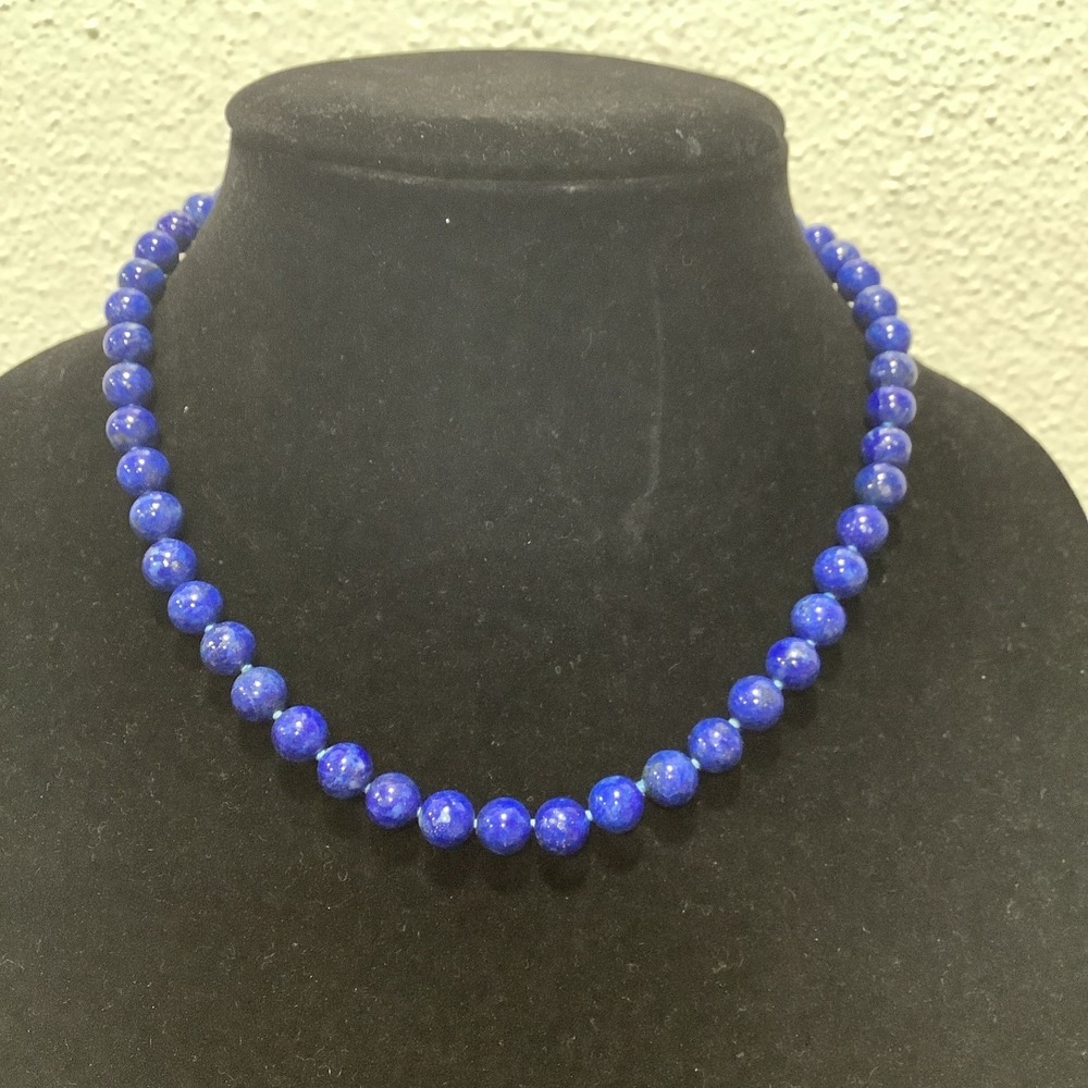 Antique Lapis Lazuli bead ball necklace OLD etched Silver clasp 10mm 18"